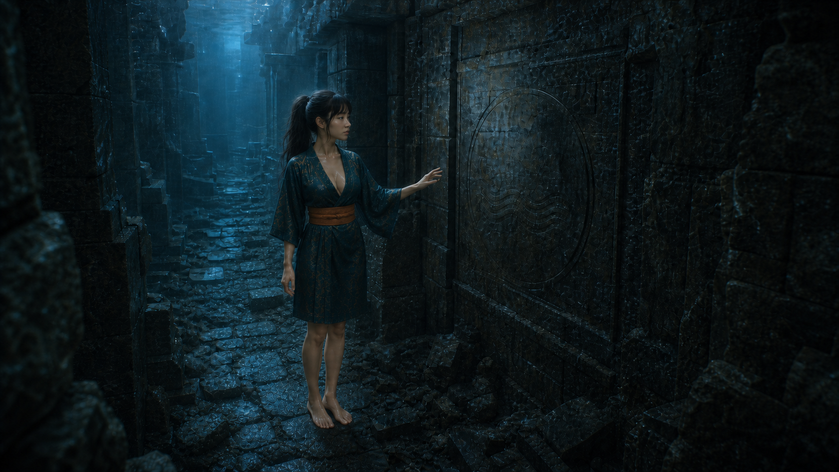 Lia steht vor einer präzise eingesetzten dunklen Verschlussplatte im inneren Bezirk von Atlantis