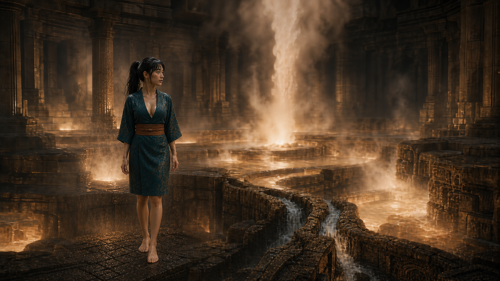 Lia steht zwischen sieben warmen Wasserkanälen am zentralen Schacht von Atlantis