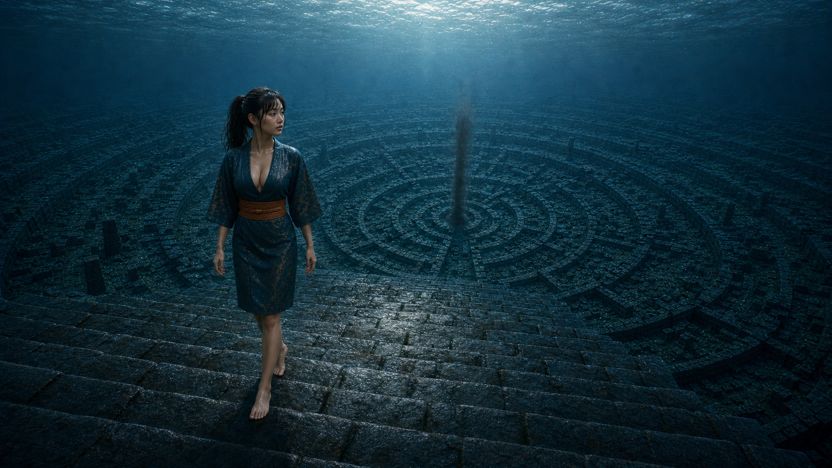 Lia geht über eine breite Steinterrasse oberhalb der drei Mauerringe von Atlantis