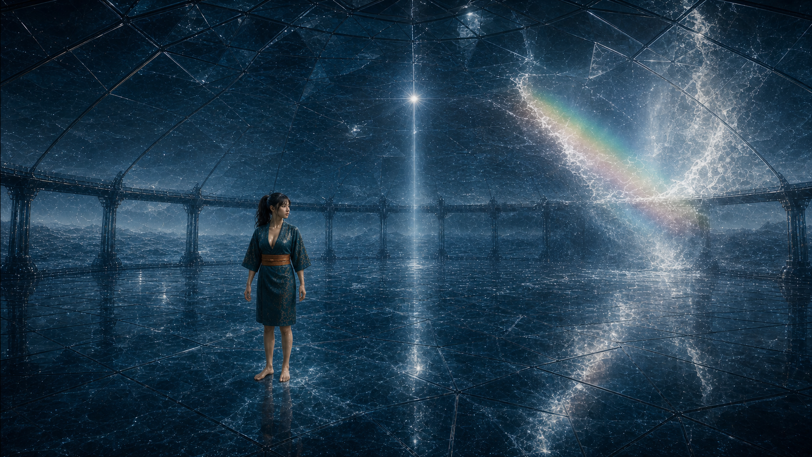 Lia steht in einer gläsernen Eiskuppel neben einem gebrochenen Lichtstrahl und einem Regenbogensaum