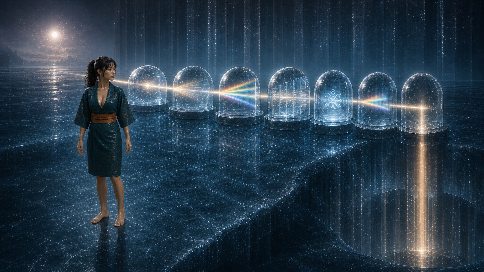 Lia steht vor sieben transparenten Kuppeln, durch die ein Lichtstrahl in unterschiedliche Spektren zerlegt wird
