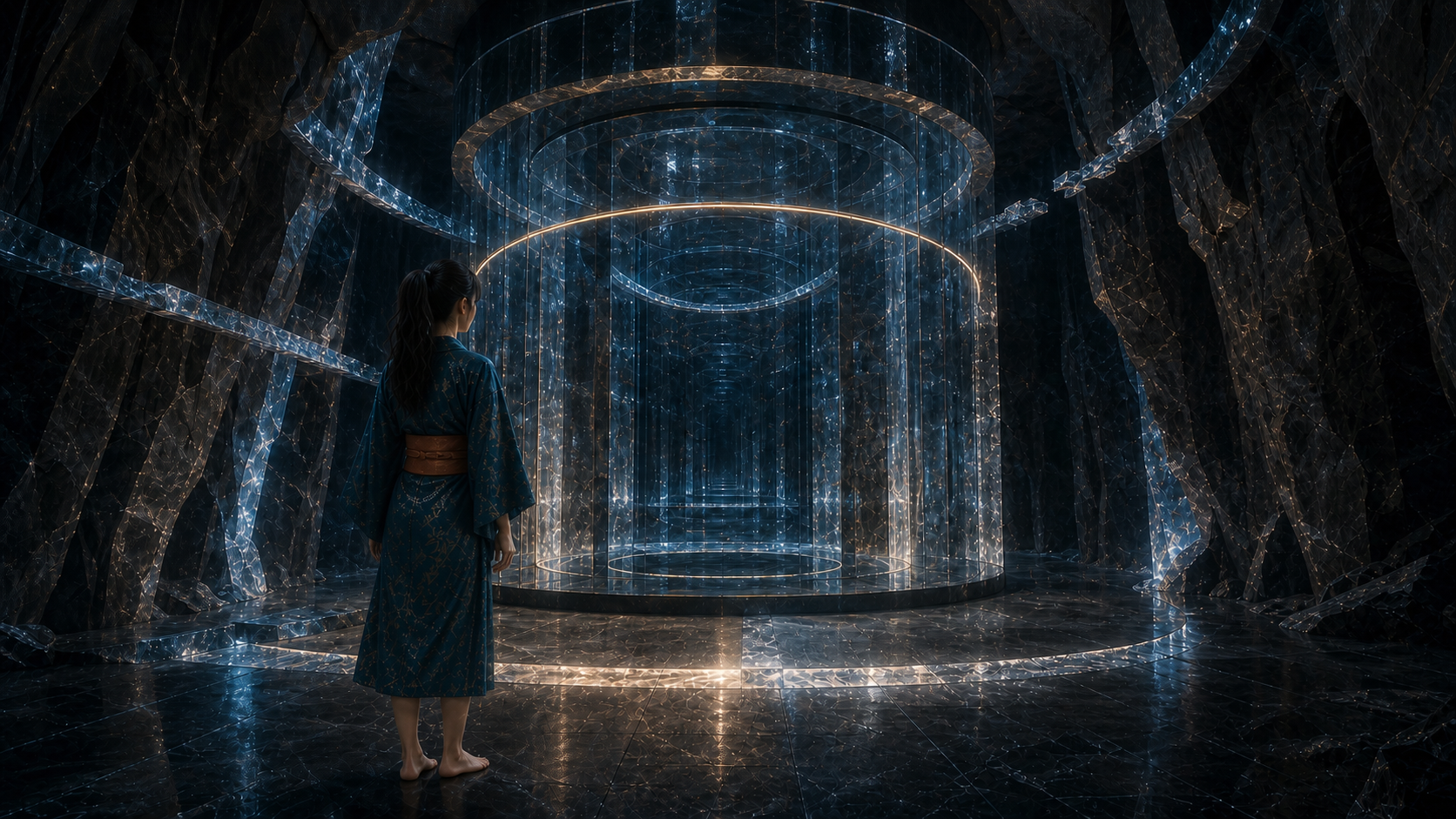Lia steht in einer dunklen Eishöhle vor mehreren konzentrischen transparenten Ringkammern