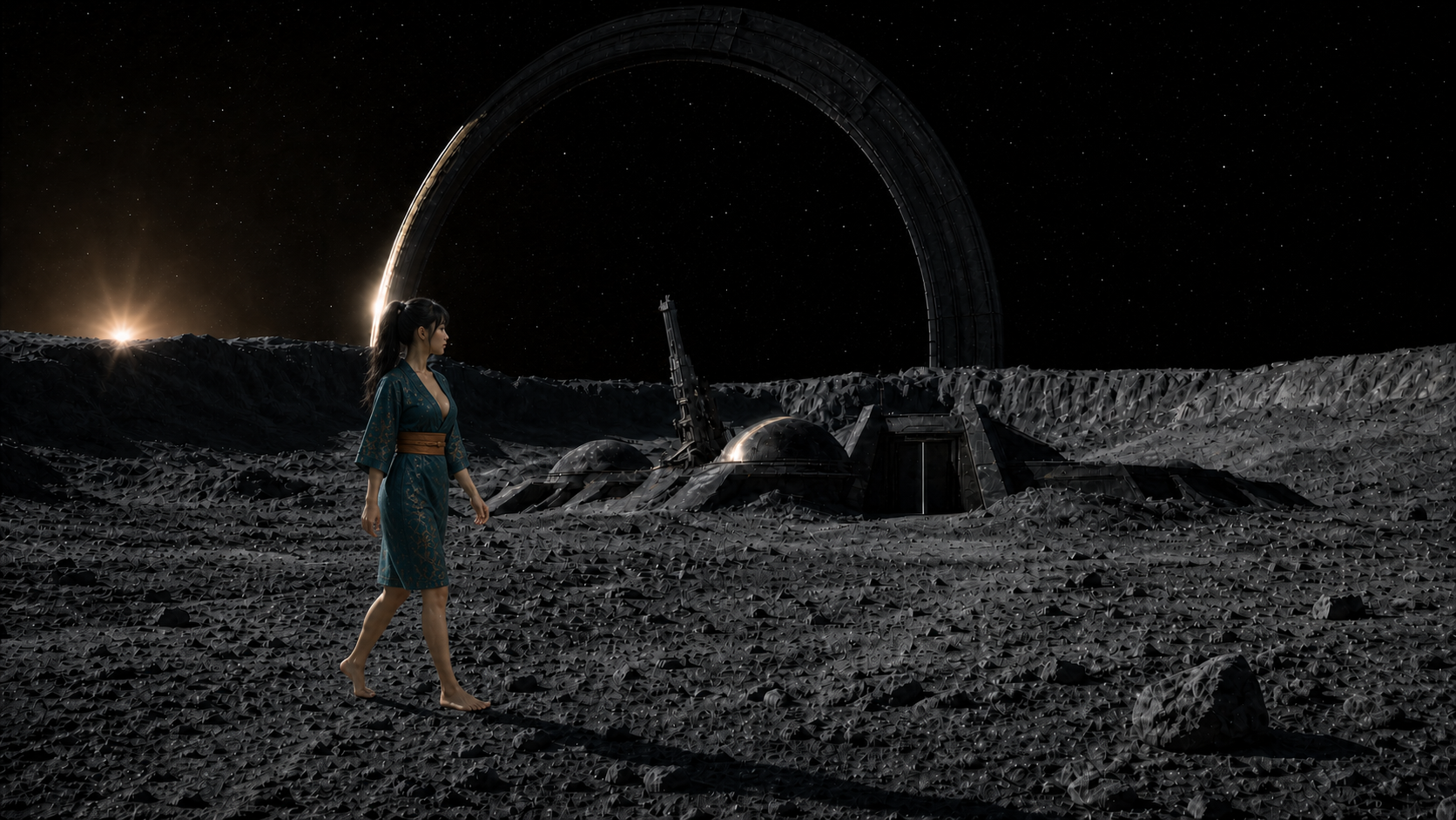 Lia nähert sich den flachen dunklen Kuppeln von Selene-Null im scharfen Licht des Mondhorizonts