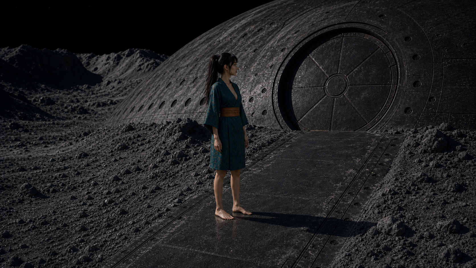 Lia steht auf der Rampe vor der schwarzen Außenhaut von Selene-Null, über die schmale Wärmelinien laufen