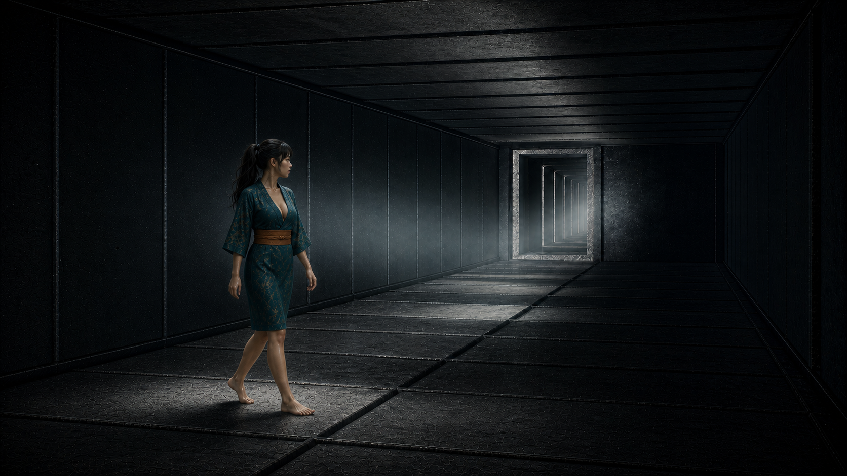 Lia untersucht einen leeren Stationsraum mit präzise versetzten Blenden und Lichtbahnen
