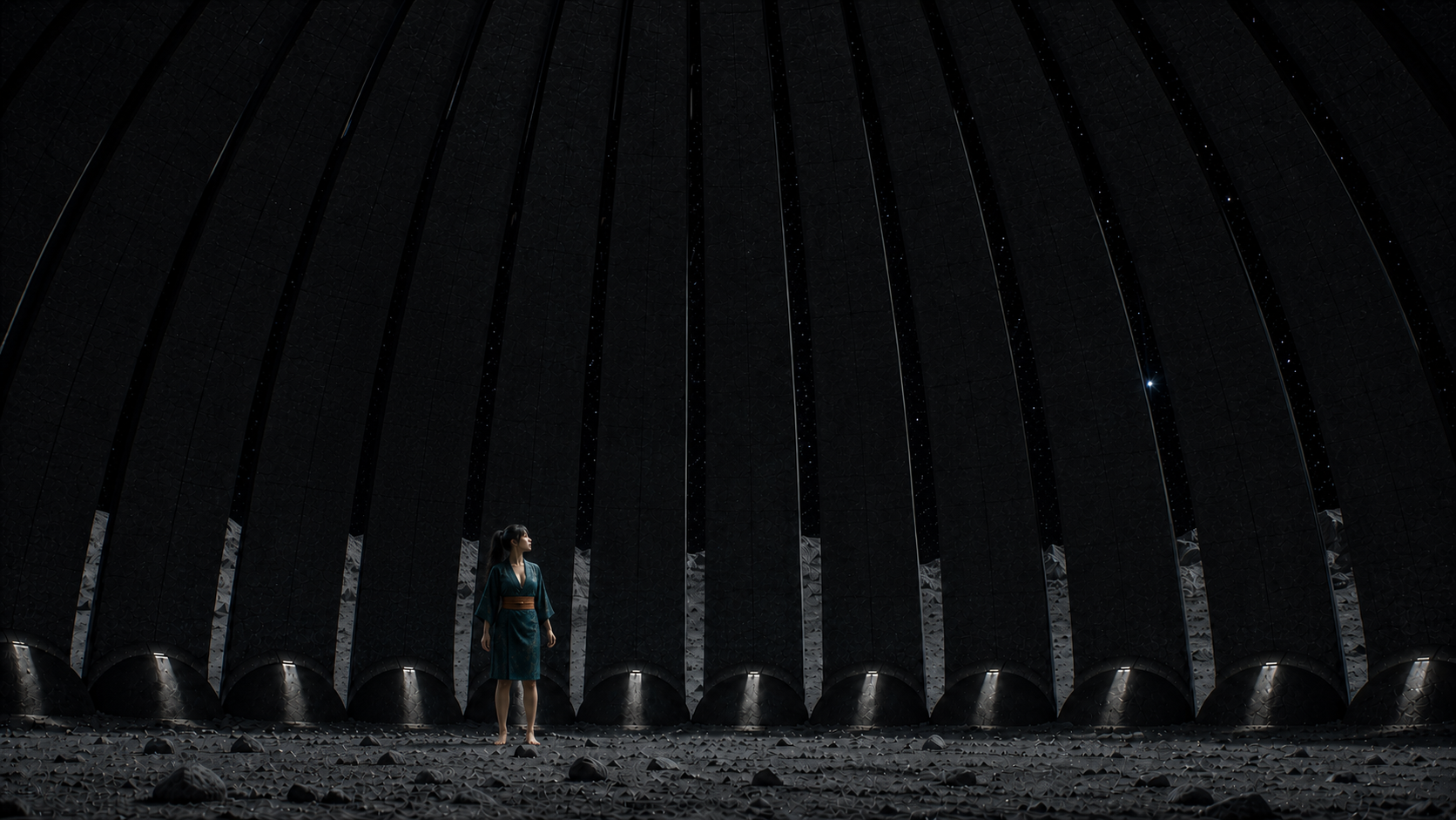 Lia steht unter den gestaffelten dunklen Rippen des großen Rings von Selene-Null