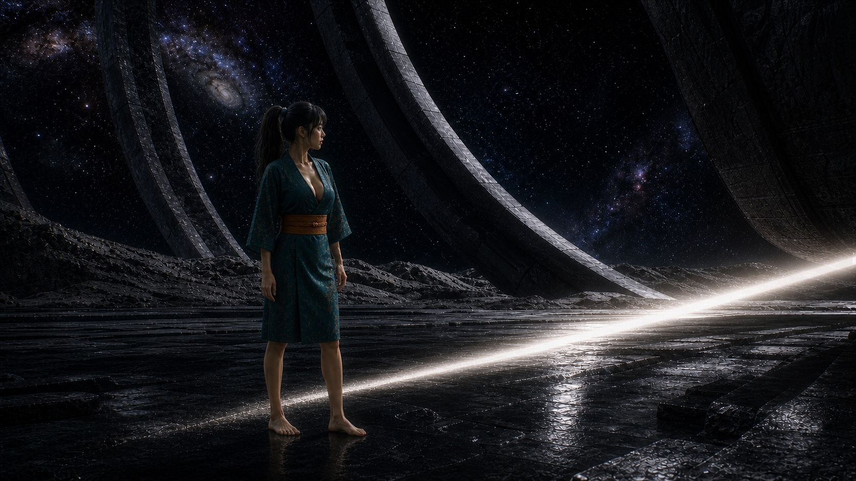 Lia steht neben einem scharfen Sonnenband, das durch den Ring von Selene-Null wandert