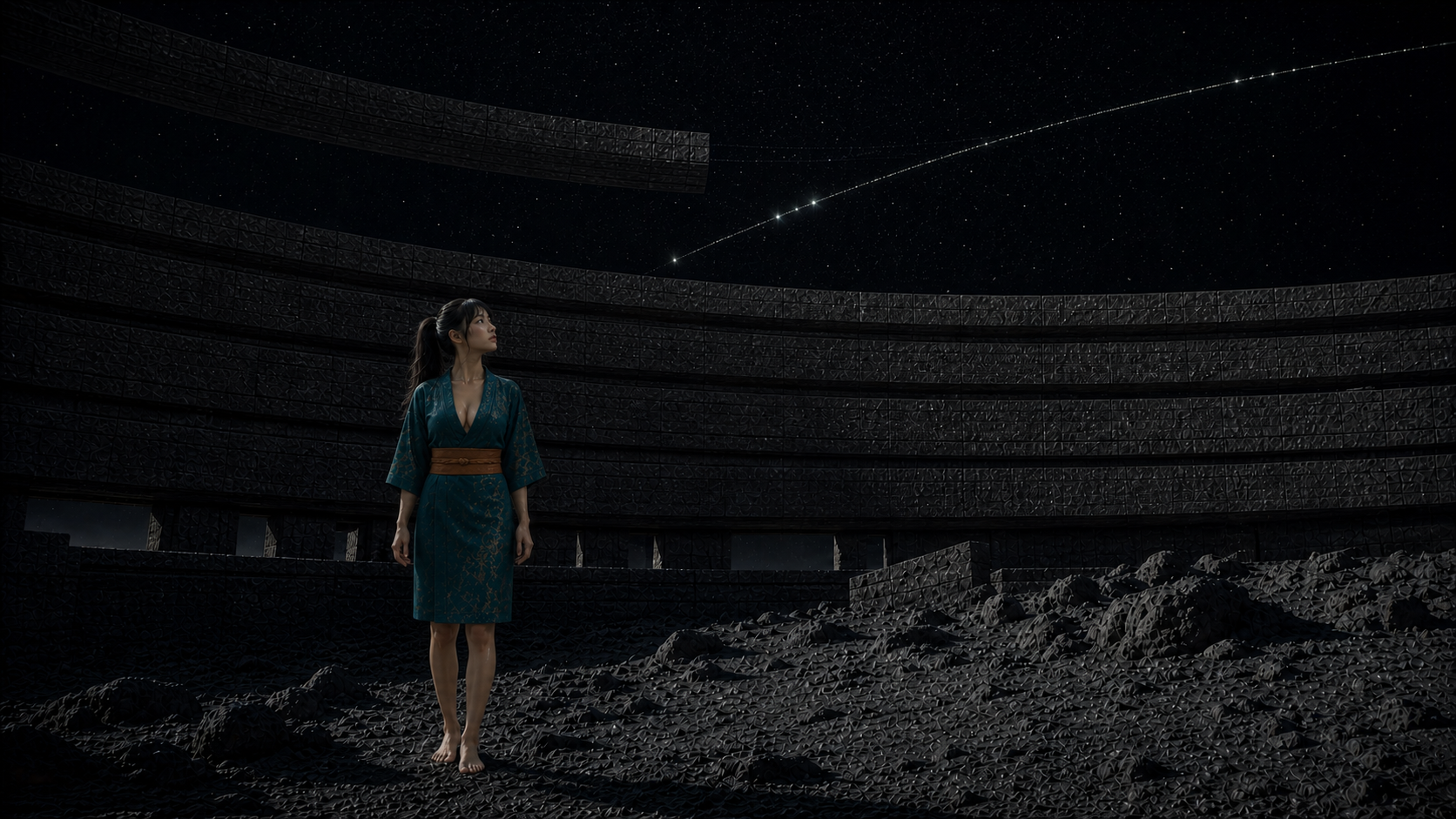 Lia steht unter einer verschobenen Ringachse und vergleicht wandernde Lichtpunkte mit dem Messrhythmus