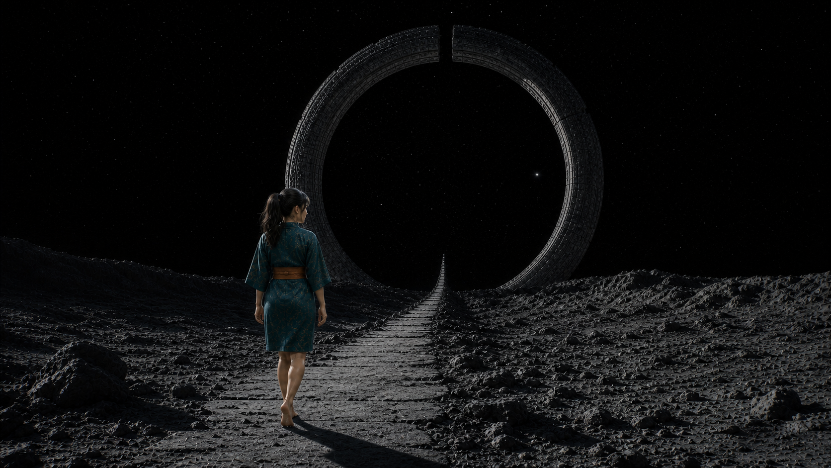 Lia blickt vom Mondweg zurück zum großen Ring und zur nun im Kuppelschatten stehenden Messsonde