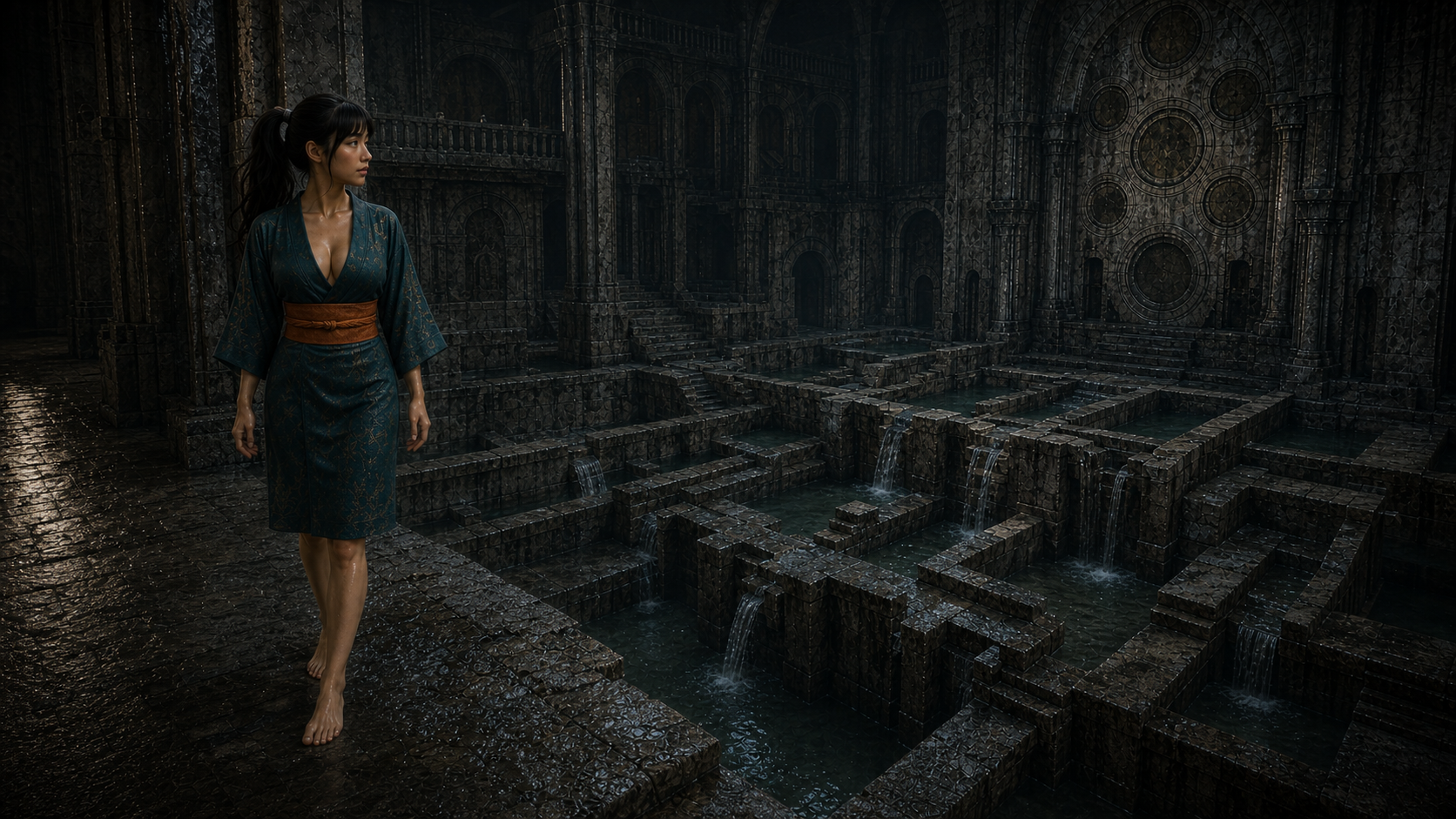 Lia steht in einer dunklen Halle vor einem Labyrinth aus steinernen Wasserkanälen und kreisförmigen Wandmustern