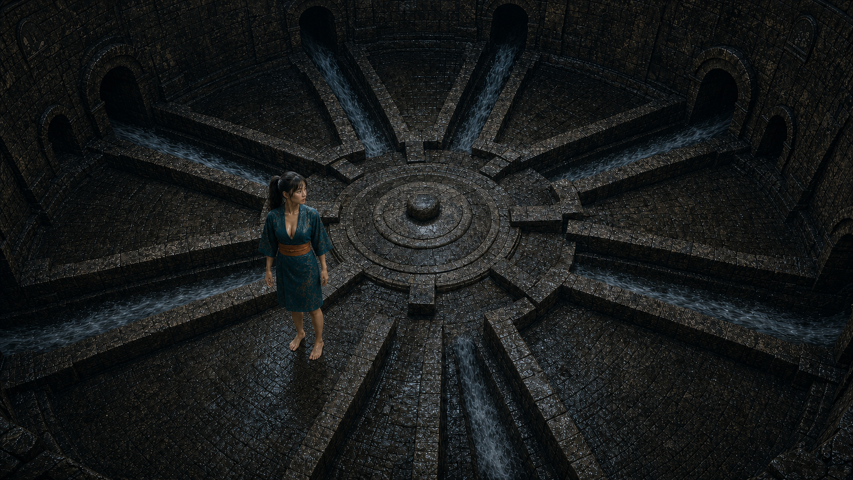 Lia steht in einer kreisförmigen Kammer mit sieben radial angeordneten Wasserkanälen