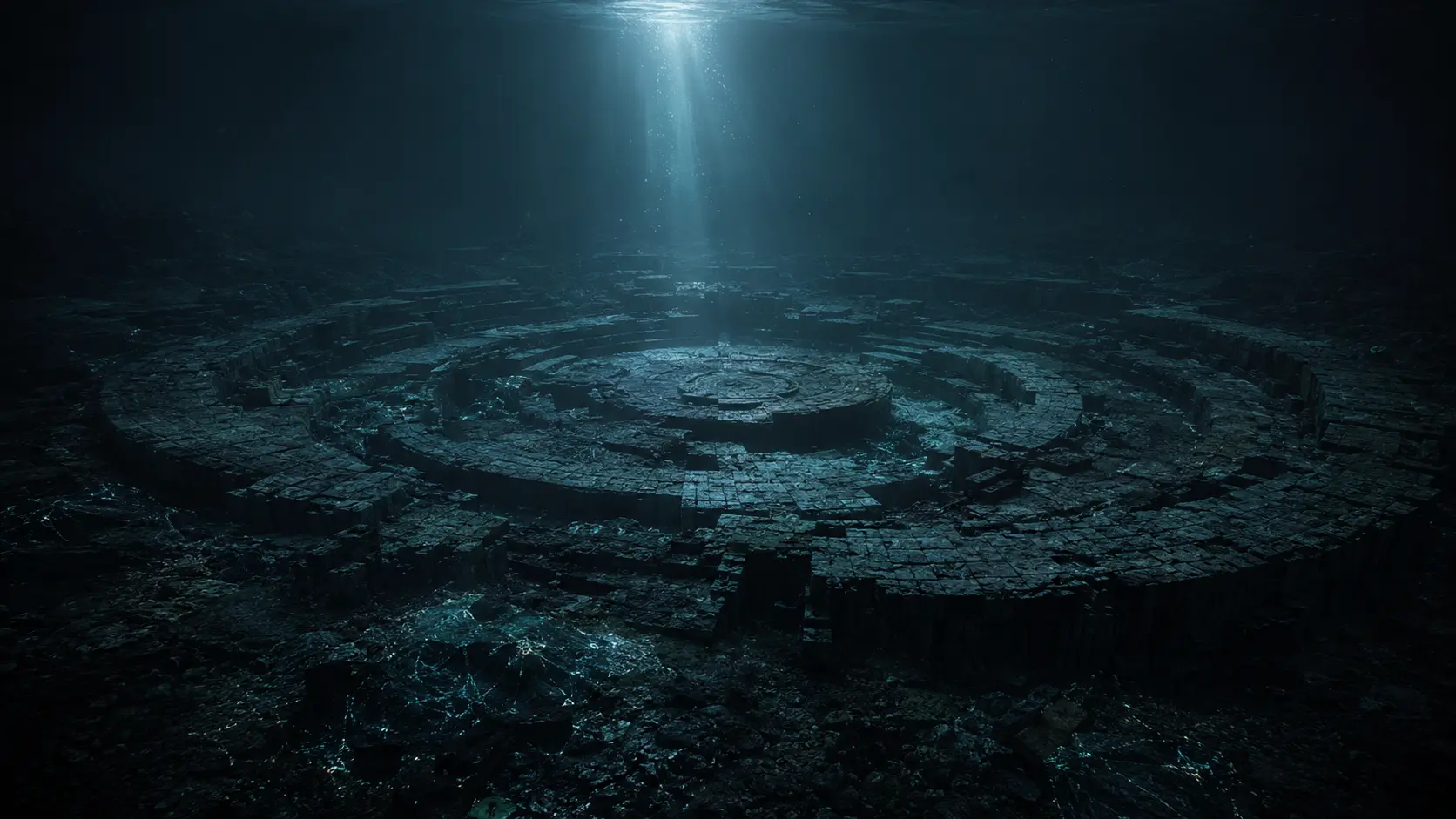 Dunkle Unterwasserruinen mit gebrochenen Steinbögen und einem Lichtstrahl aus der Tiefe